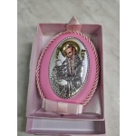 Ασημενια παιδικη εικονα φυλαχτο ροζ Αγιος Στυλιανος